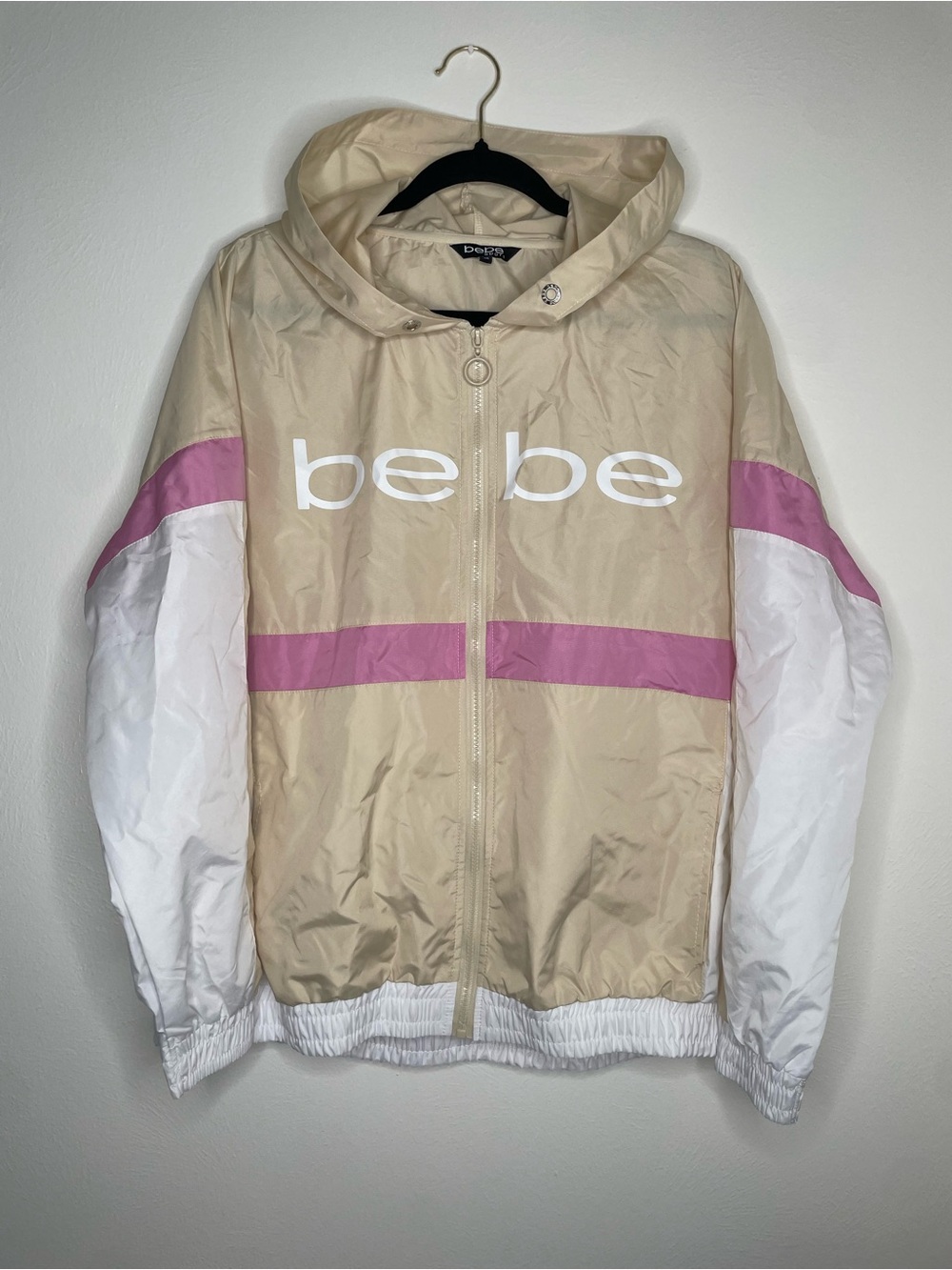 bebe Beige, White & Pink Logo Hooded Windbreaker